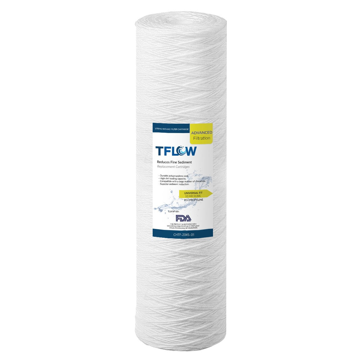 Cartuchos hilados para filtración de sedimentos. Sistema de tratamiento para agua potable de venta en Total Water. Cartuchos de cuerda 100% polipropileno puro. Diseñados especialmente para remover sedimentos finos o de diferentes micrajes, como limo, arena, óxidos, entre otras partículas suspendidas.
