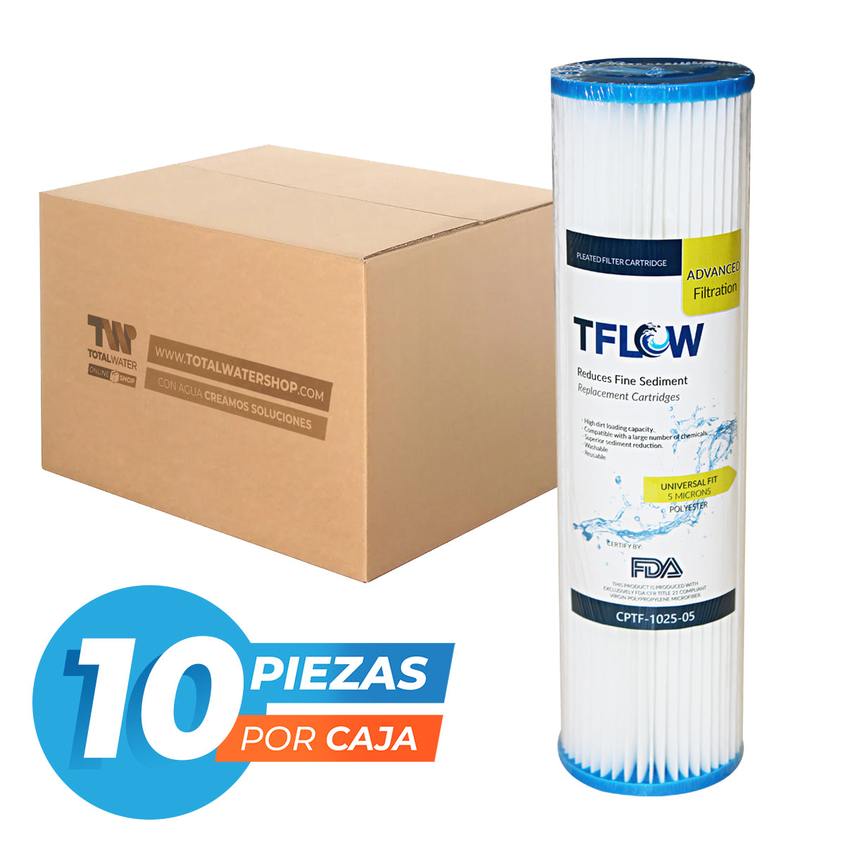 paquete de cartuchos plisados para sedimentos de 5 micras, retención de partículas suspendidas en el agua. Fabricados con poliéster plisado y núcleo de polipropileno, estos cartuchos están hechos para soportar un alto volumen de uso en sistemas de tratamiento de agua residencial, comercial e industrial. Total Water Shop de México