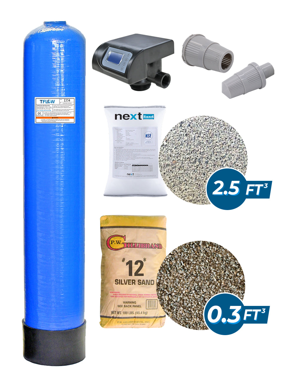 Paquete de Filtración con NEXT SAND - 2.5 Pies Cúbicos - 13" x 54" - Válvula Electrónica para Filtro - Con Bypass - TFLOW
