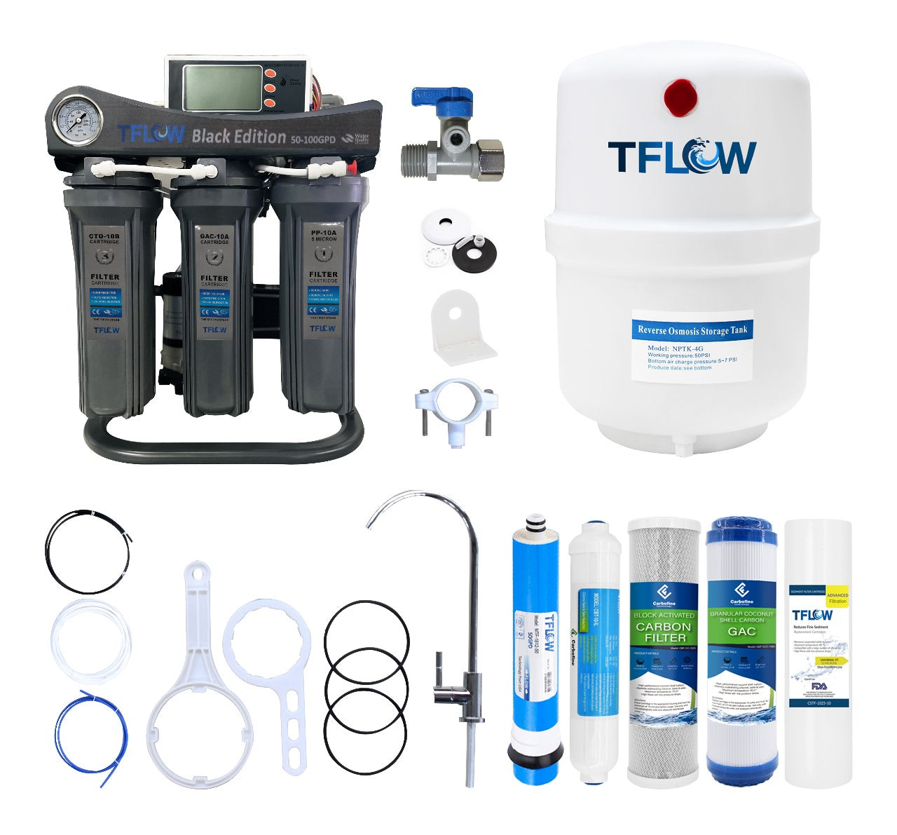 Sistema de Ósmosis Inversa de 5 Pasos Black Edition - 100 GPD - Incluye Bomba, Tanque Hidroneumático, Monitor TDS y - TFLOW