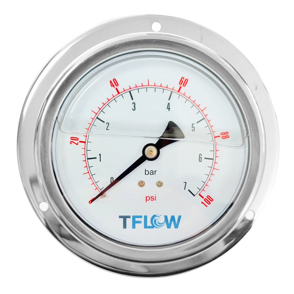 Manómetro para Panel con Glicerina - Ajuste con Brida - 0 - 100 PSI - 4.0" Diámetro - 1/4" NPT - TFLOW