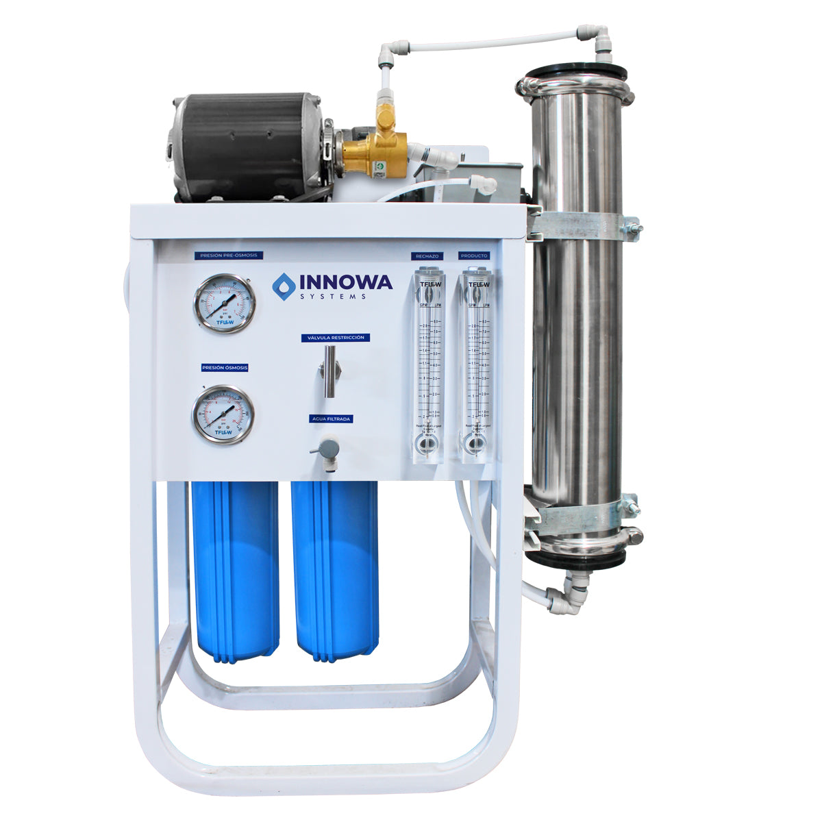 donde comprar sistema de ósmosis inversa purificador de agua INNOWA Systems en México equipo de filtración para negocios de venta en tienda en línea con proveedor de confianza Total Water Shop de México foto imagen jpg fondo blanco de sistema de agua purificada profesional Alta capacidad de producción Bomba rotativa de bronce PROCON con motor incluido presión estable y flujo óptimo para resultados confiables Válvula aguja de restricción y válvula solenoide de ½ bomba de agua potente y silenciosa