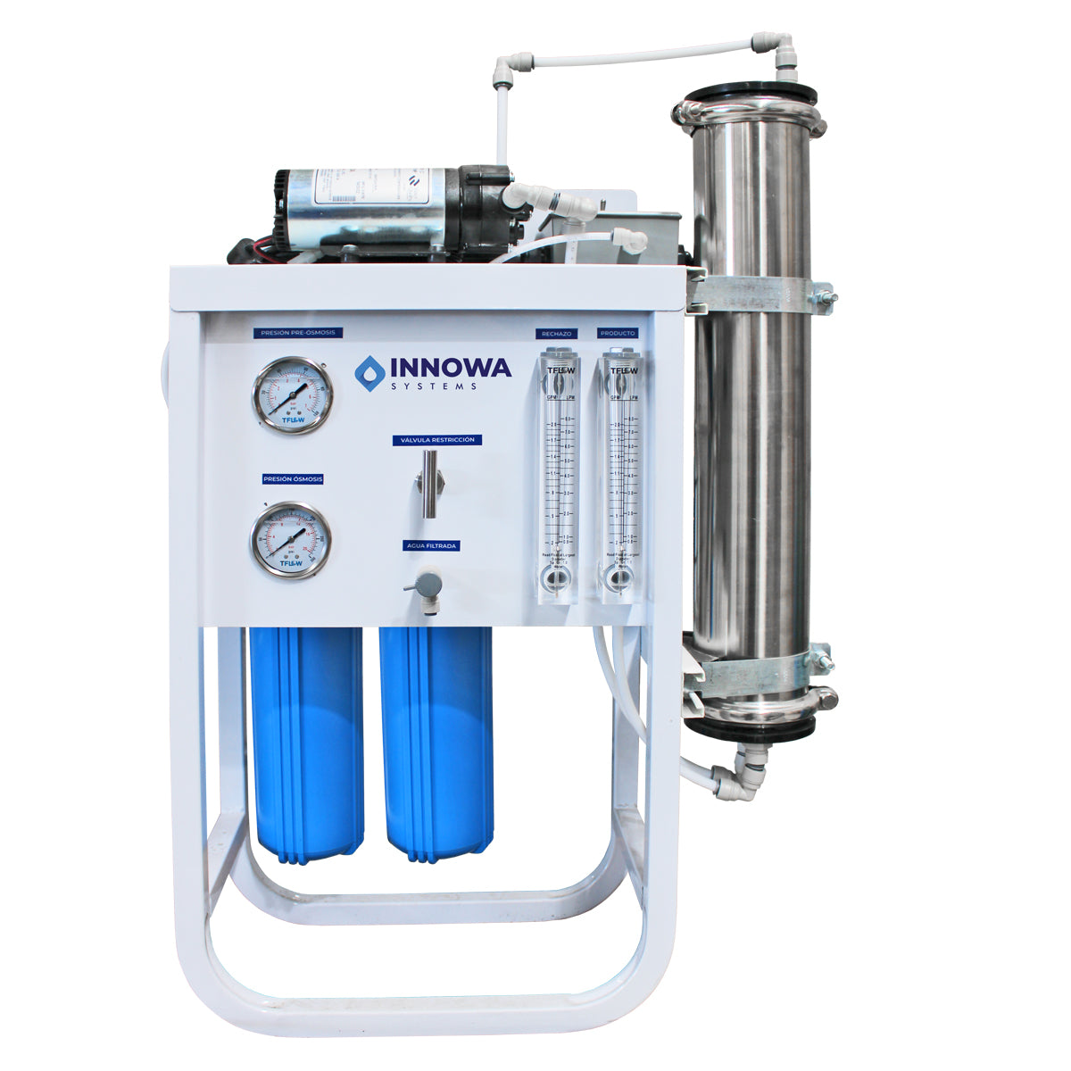 donde comprar sistema de ósmosis inversa purificador de agua INNOWA Systems en México equipo de filtración para negocios de venta en tienda en línea con proveedor de confianza Total Water Shop de México foto imagen jpg fondo blanco de sistema de agua purificada profesional de alta calidad Bomba de agua potente y silenciosa de diafragma Portamembrana en acero inoxidable máxima resistencia y durabilidad Prefiltración avanzada Ahorro en compra de agua embotellada