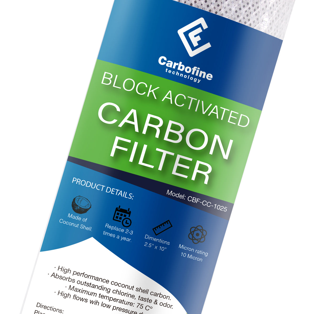 Paquete de Cartuchos de Carbón Activado Cáscara de Coco - 10" x 2.5" - 10 Micras - Block - CARBOFINE