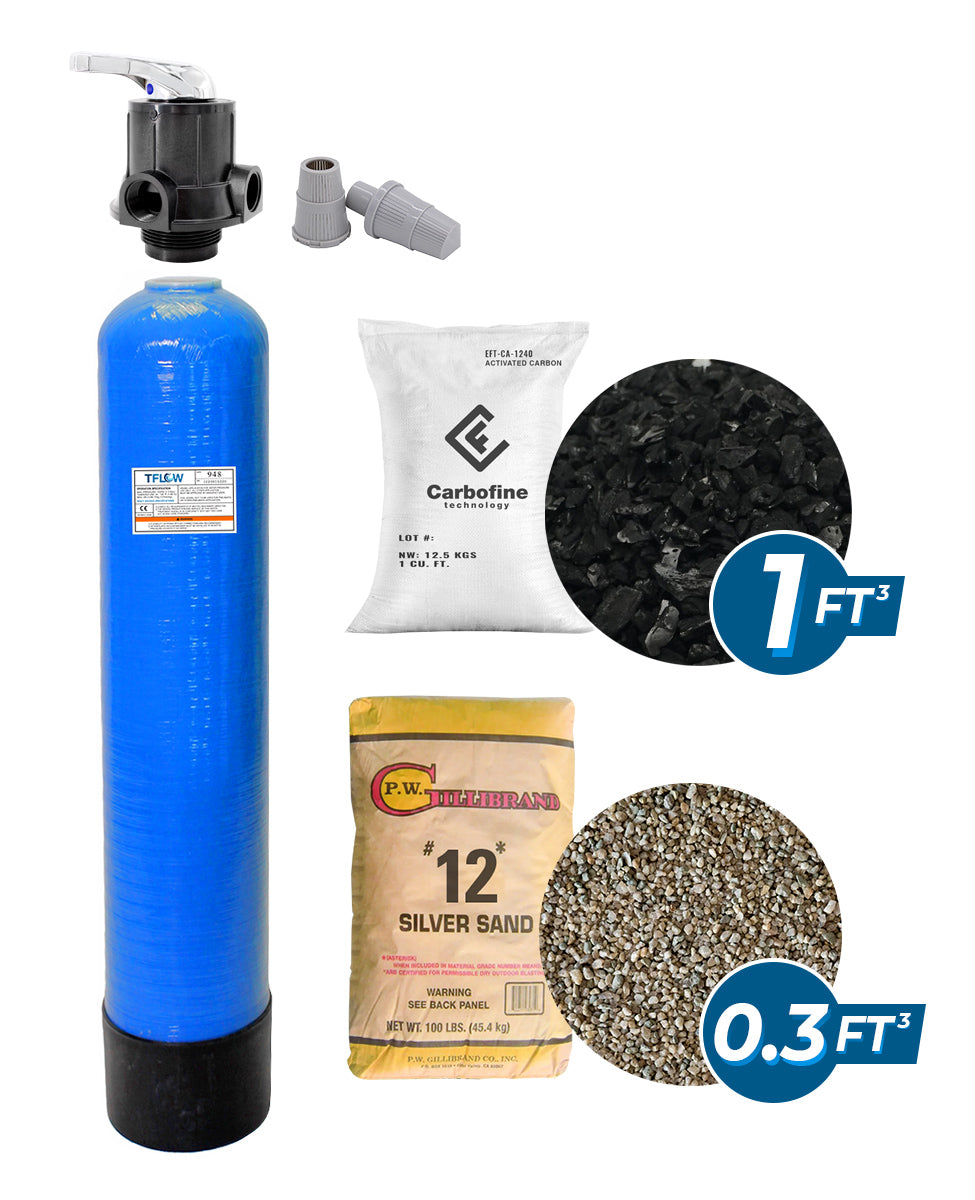Paquete de Filtración con Carbón Activado (CARBOFINE) - 1 Pie Cúbico - 9" x 48" - Válvula Manual de 3 Pasos - TFLOW