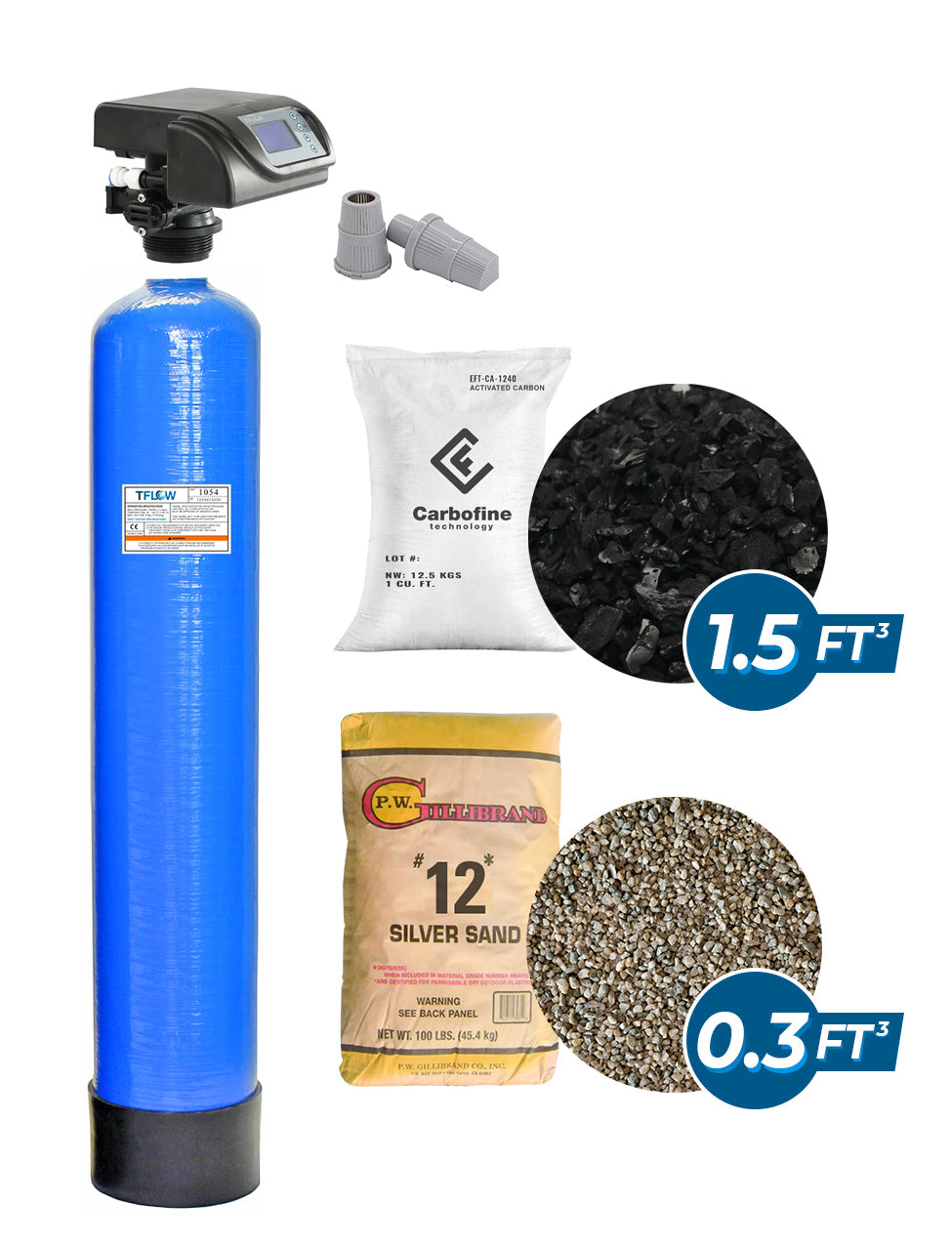 Paquete de Filtración con Carbón Activado (CARBOFINE) - 1.5 Pie Cúbico - 10" x 54" - Válvula Electrónica para Filtro - Con Bypass - TFLOW