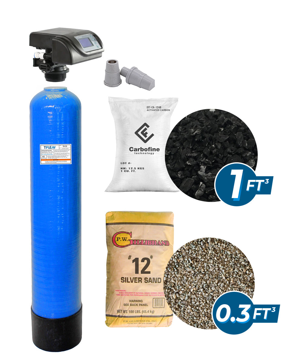 Paquete de Filtración con Carbón Activado (CARBOFINE) - 1 Pie Cúbico - 9" x 48" - Válvula Electrónica para Filtro - Con Bypass - TFLOW