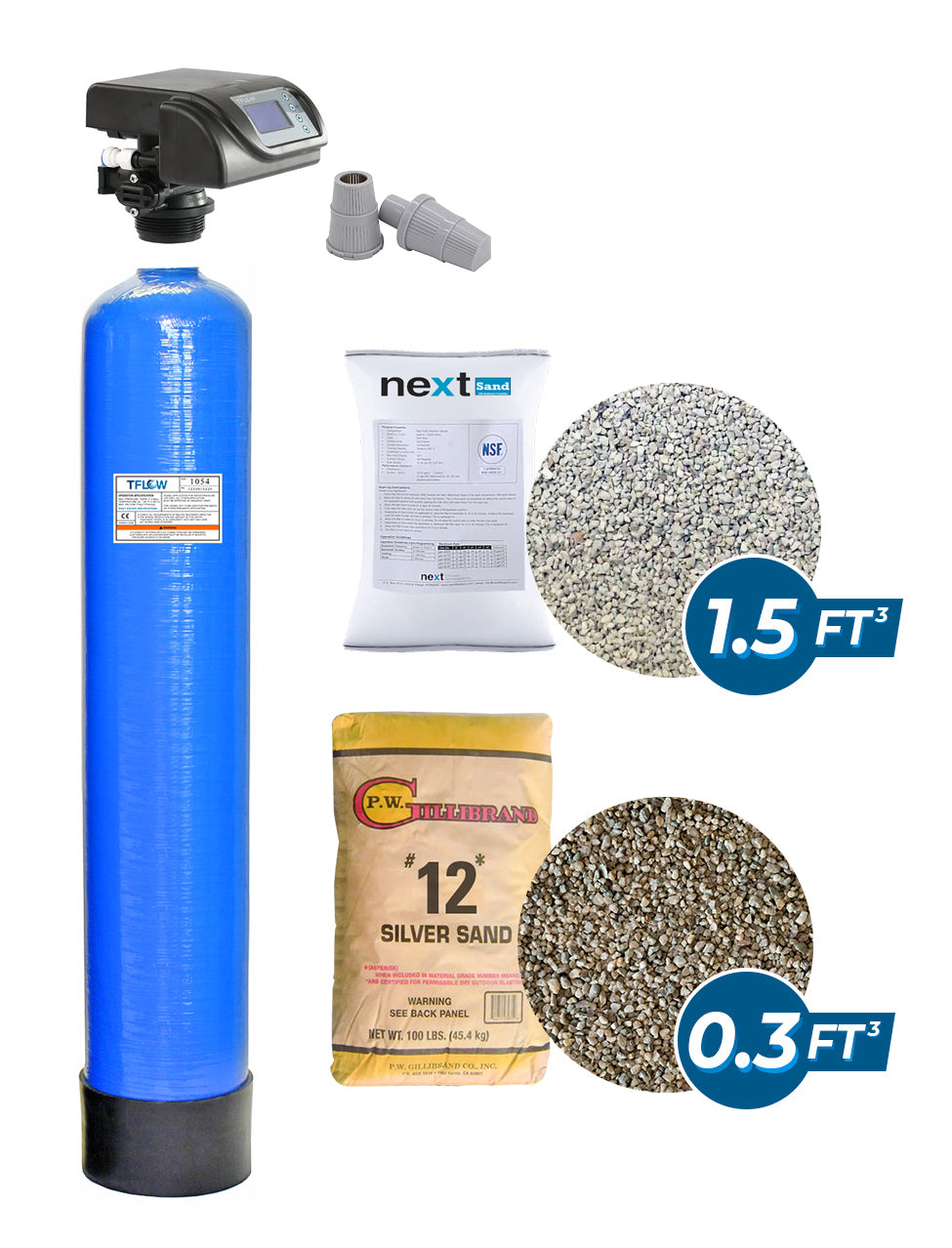 Paquete de Filtración con NEXT SAND - 1.5 Pie Cúbico - 10" x 54" - Válvula Electrónica para Filtro - Con Bypass - TFLOW