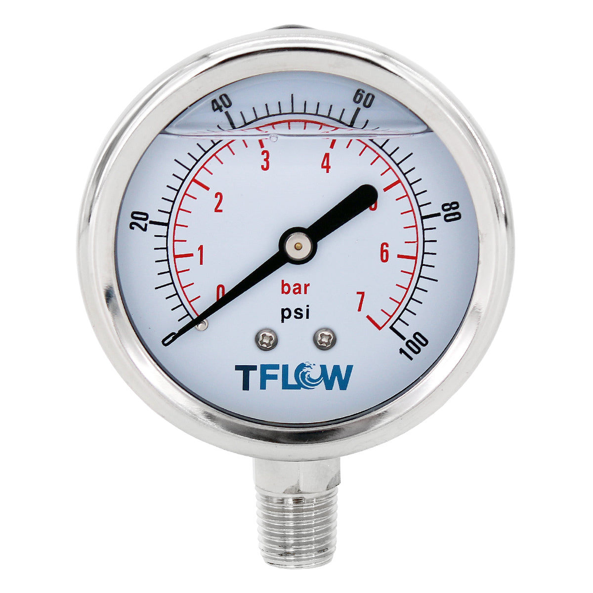 Manómetro Bajo con Glicerina - 0 - 100 PSI - 2.5" Diámetro - 1/4" NPT - TFLOW