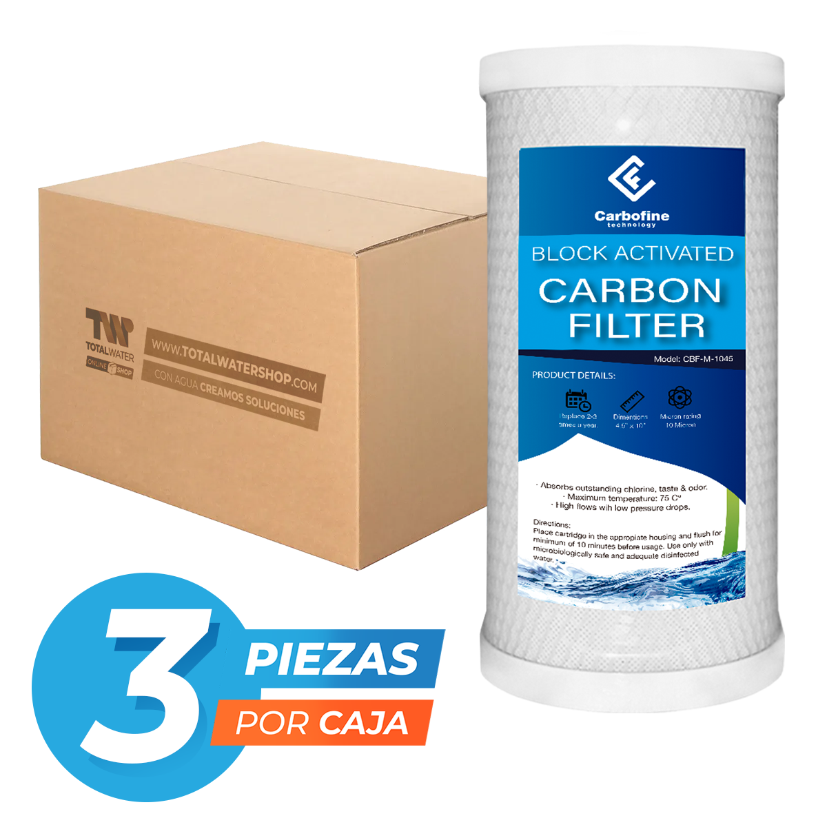 Paquete de Cartuchos de Carbón Activado Mineral - 10" x 4.5" - 10 Micras - Block - CARBOFINE