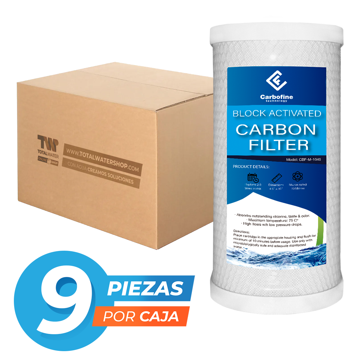 Paquete de Cartuchos de Carbón Activado Mineral - 10" x 4.5" - 10 Micras - Block - CARBOFINE