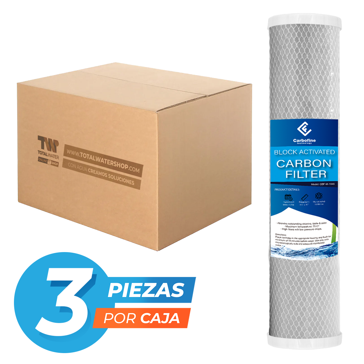 Paquete de Cartuchos de Carbón Activado Mineral - 20" x 4.5" - 10 Micras - Block - CARBOFINE