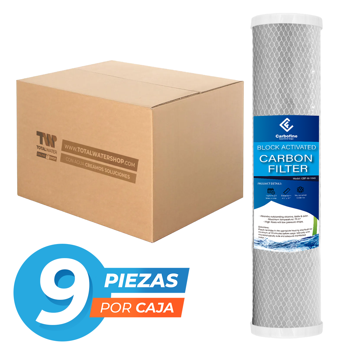 Paquete de Cartuchos de Carbón Activado Mineral - 20" x 4.5" - 10 Micras - Block - CARBOFINE