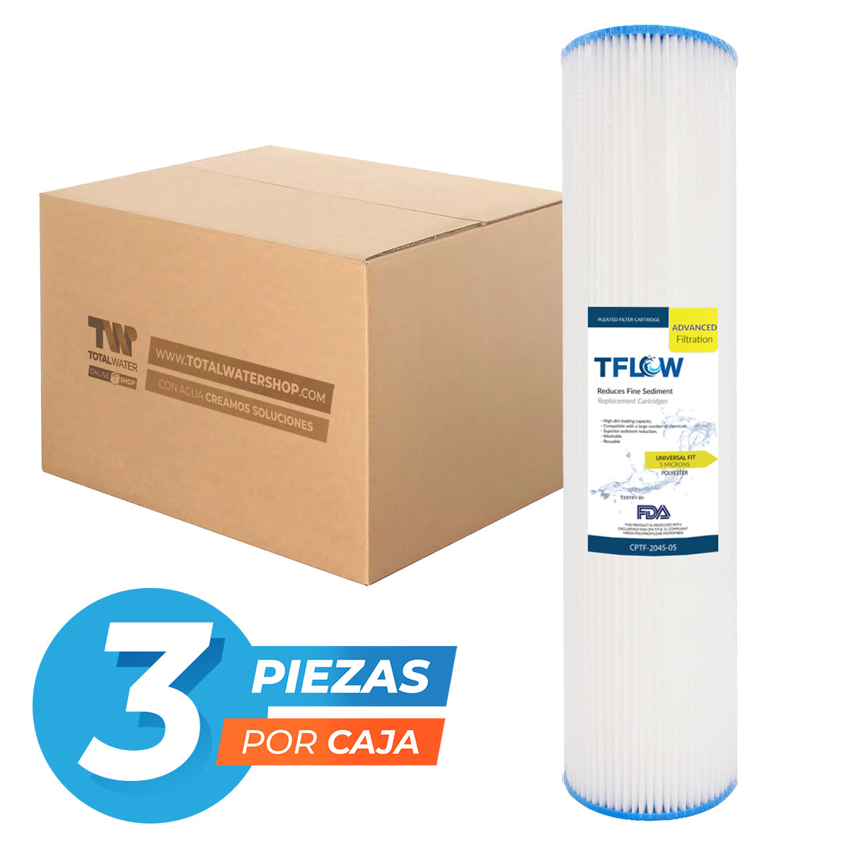 Foto de cartuchos plisados para sedimentos. Filtrado industrial, sistema de tratamiento y filtración de agua potable. Este paquete de cartuchos de Total Water mejora la calidad del agua reteniendo lodo, óxidos, arena, limo y otras partículas no disueltas