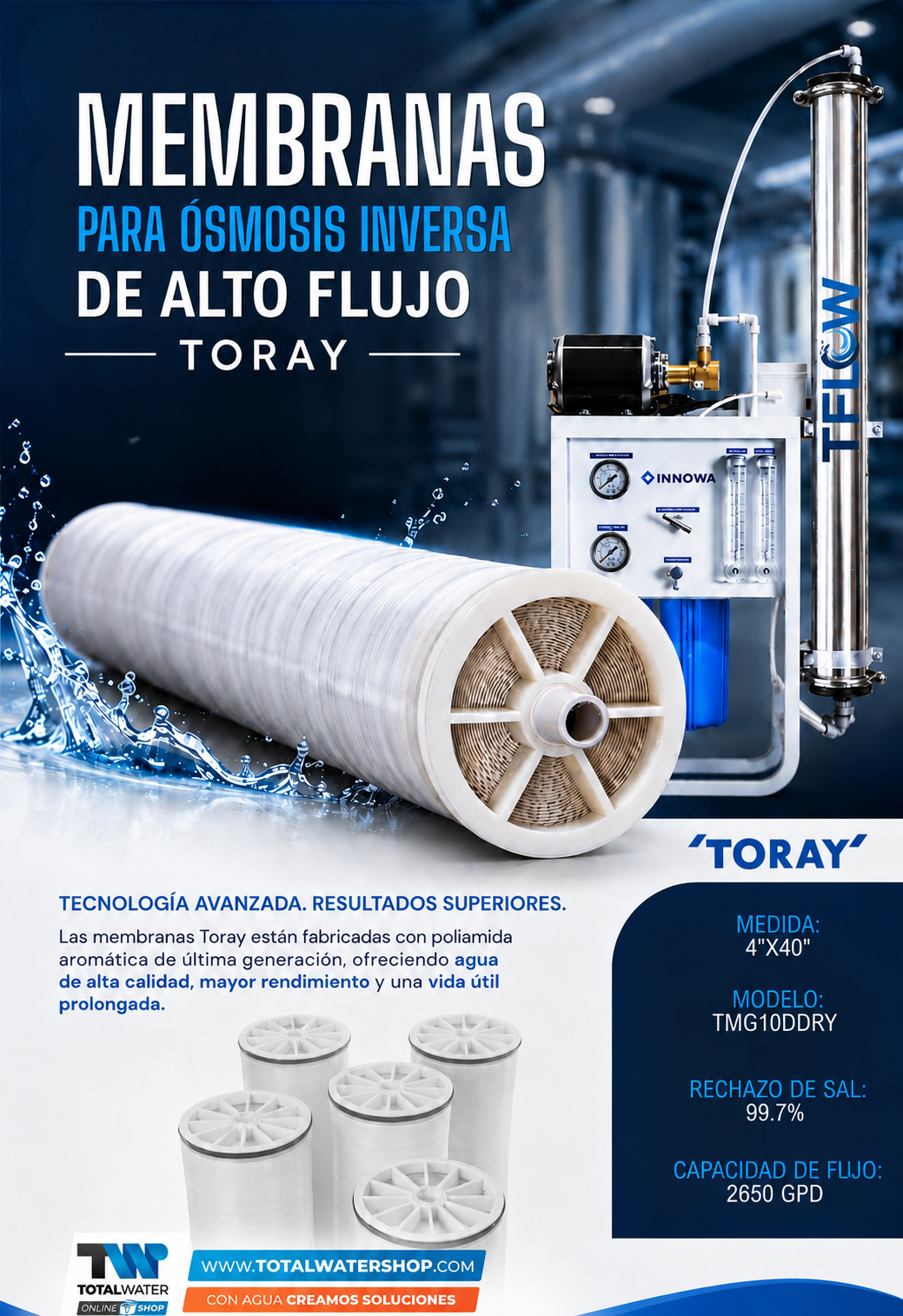 Membrana para Osmosis Inversa Alto Flujo- "4" x "40"- TORAY