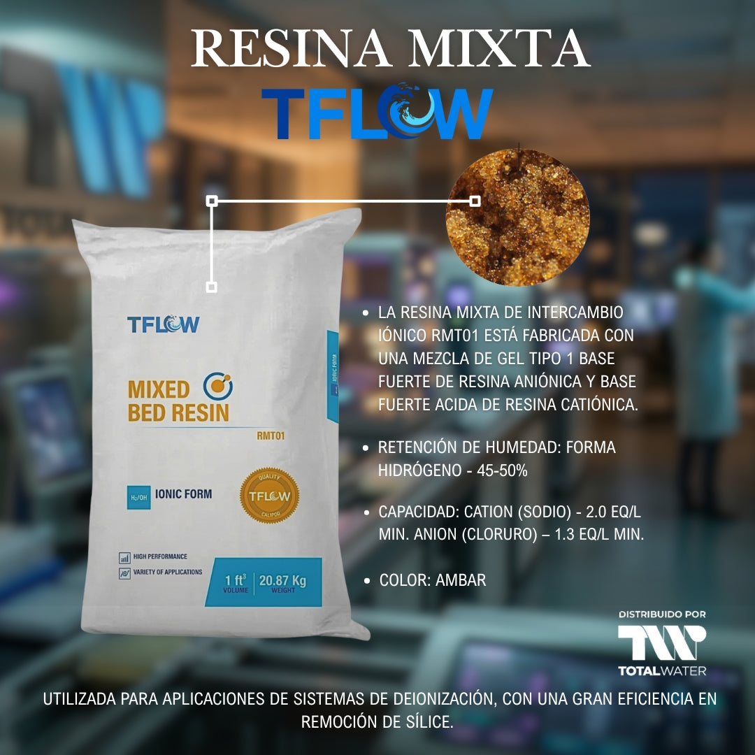 Resina Mixta (Resina Aniónica y Resina Catiónica) - 1 pie³ - Forma Iónica: H+/OH- - TFLOW