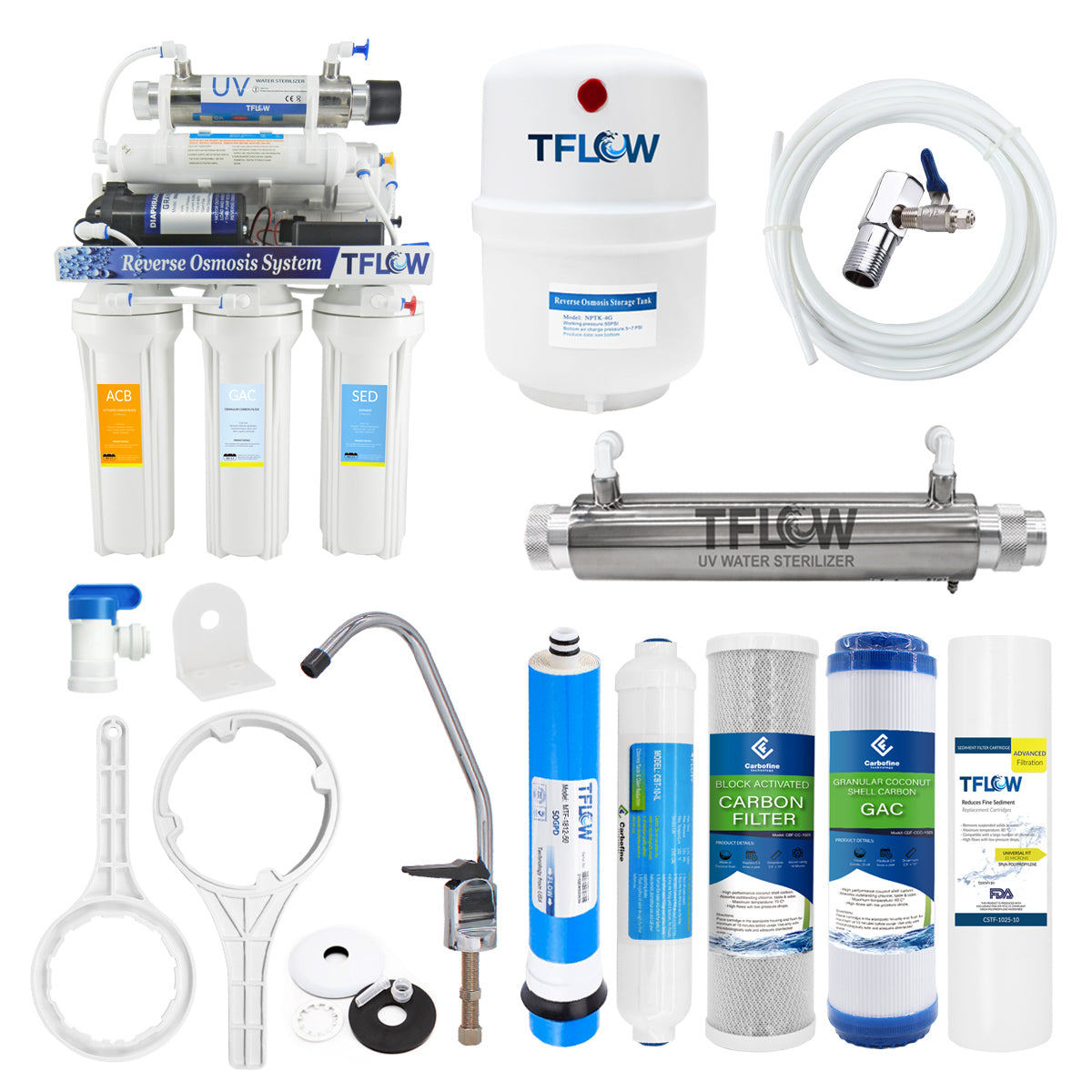 Sistema de Ósmosis Inversa de 6 Pasos - 50 GPD - Incluye Bomba, Tanque Hidroneumático y Lámpara UV 1 Gal. - TFLOW