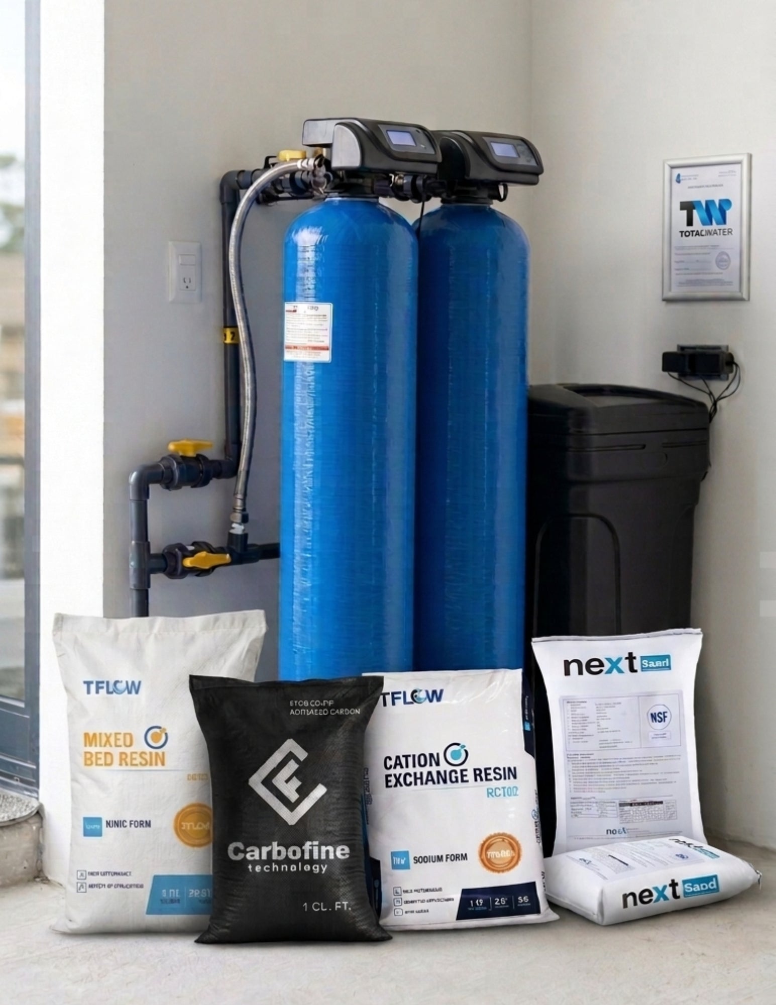 Paquete de Filtración con Carbón Activado (CARBOFINE) - 1 Pie Cúbico - 9" x 48" -  Válvula Manual de 3 Pasos - TFLOW