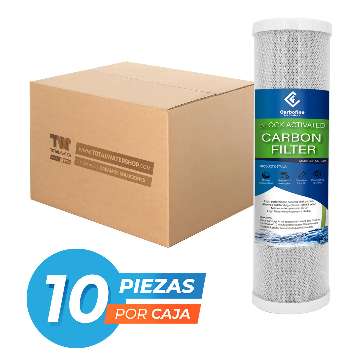 Paquete de Cartuchos de Carbón Activado Cáscara de Coco - 10" x 2.5" - 10 Micras - Block - CARBOFINE