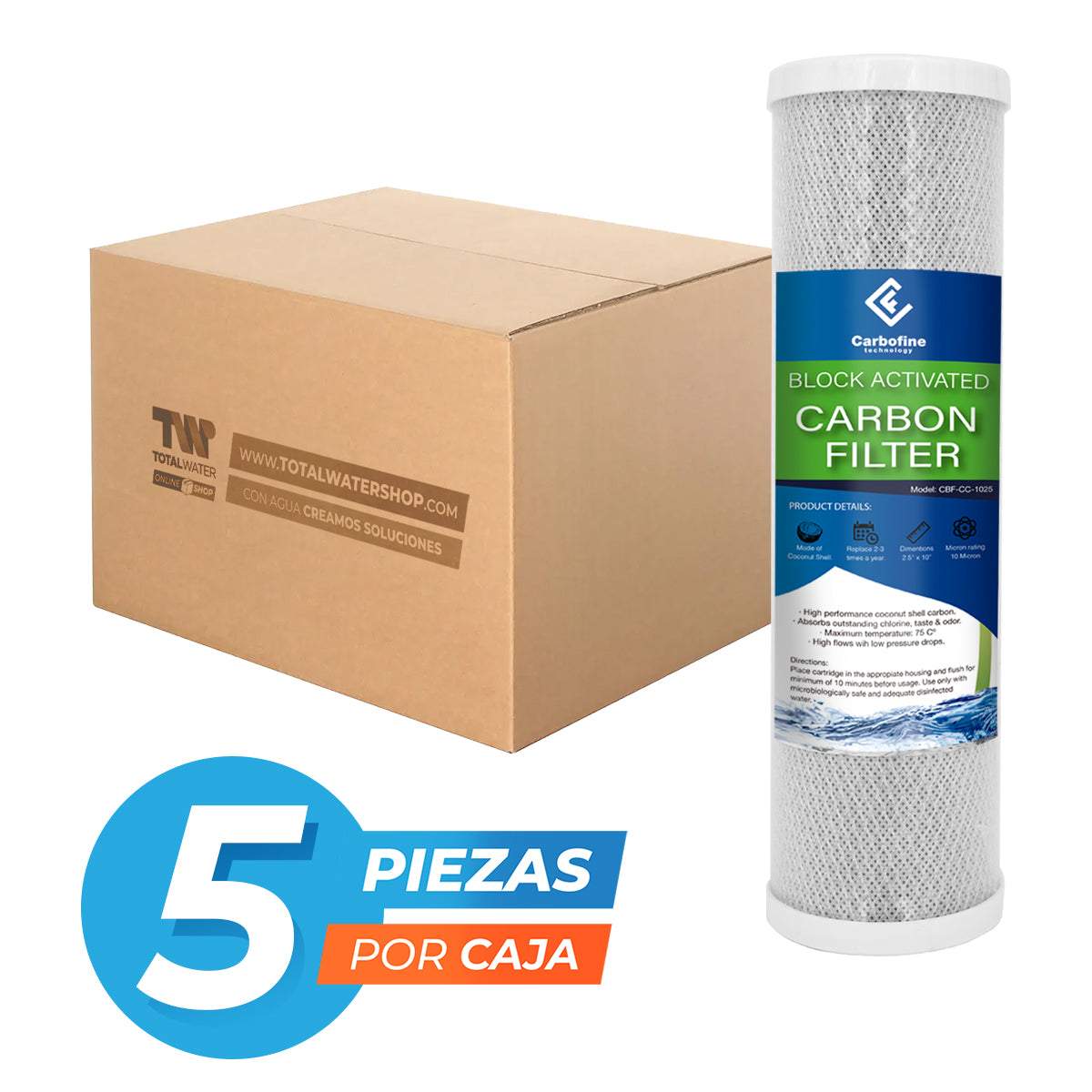Paquete de Cartuchos de Carbón Activado Cáscara de Coco - 10" x 2.5" - 10 Micras - Block - CARBOFINE