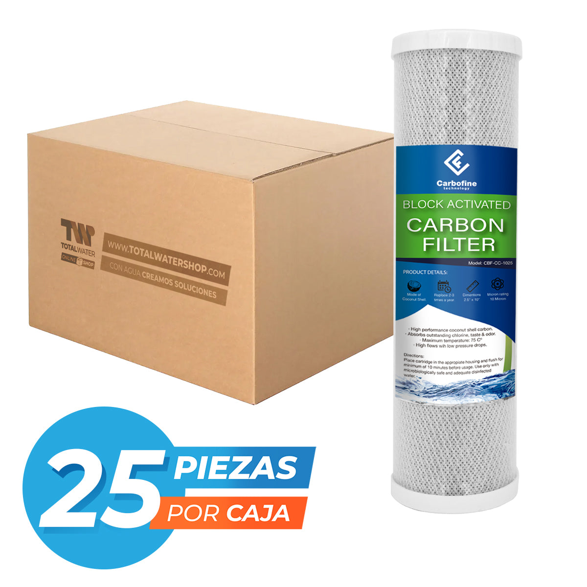 Paquete de Cartuchos de Carbón Activado Cáscara de Coco - 10" x 2.5" - 10 Micras - Block - CARBOFINE