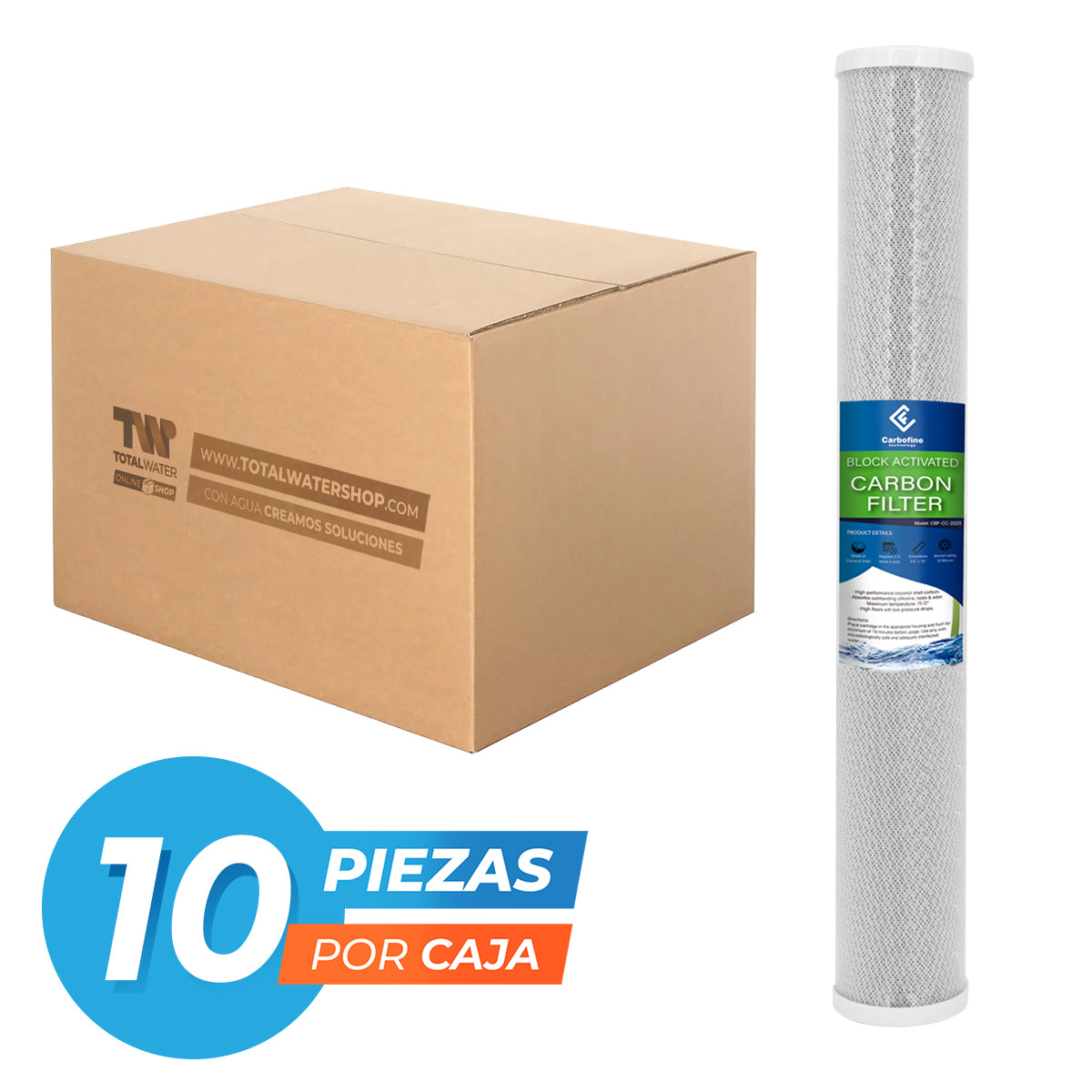 Paquete de Cartuchos de Carbón Activado Cáscara de Coco - 20" x 2.5" - 10 Micras - Block - CARBOFINE