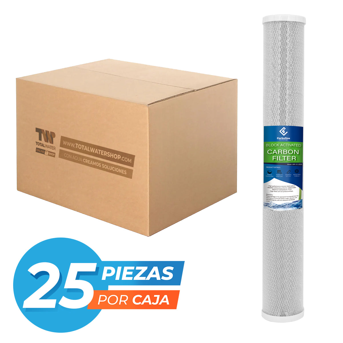 Paquete de Cartuchos de Carbón Activado Cáscara de Coco - 20" x 2.5" - 10 Micras - Block - CARBOFINE