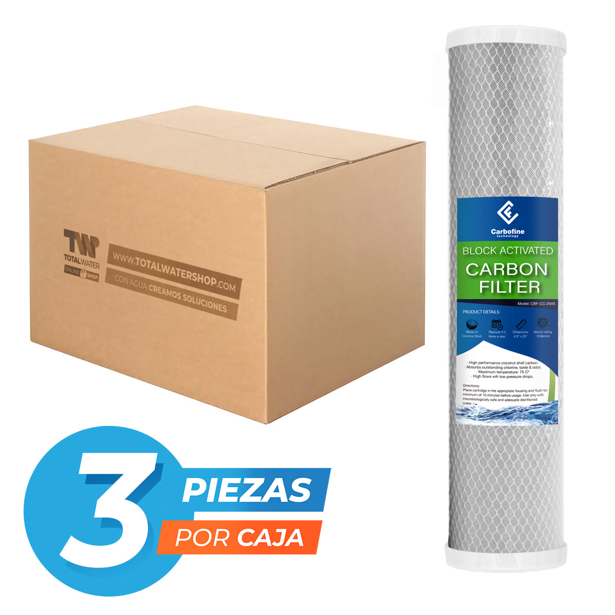 Paquete de Cartuchos de Carbón Activado Cáscara de Coco - 20" x 4.5" - 10 Micras - Block - CARBOFINE