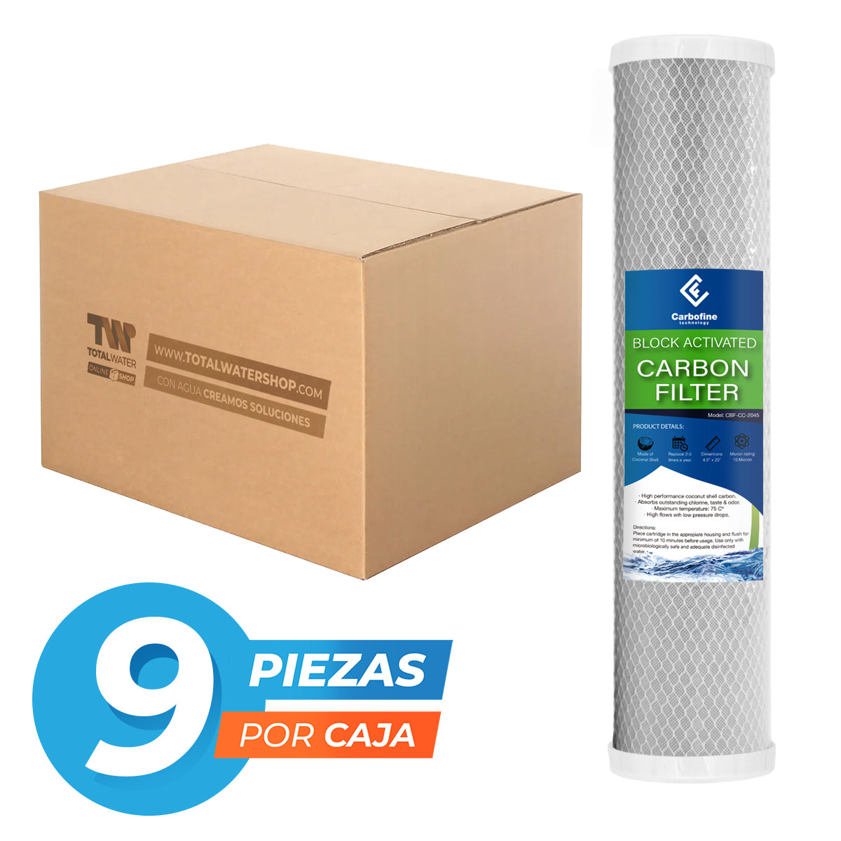 Paquete de Cartuchos de Carbón Activado Cáscara de Coco - 20" x 4.5" - 10 Micras - Block - CARBOFINE