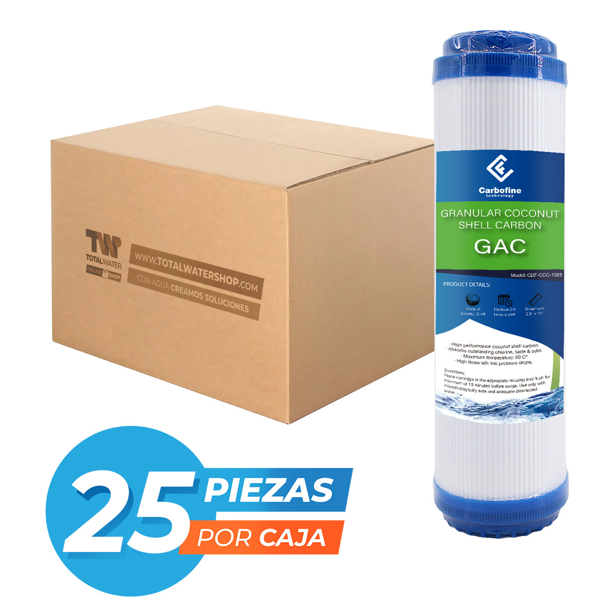 Paquete de Cartuchos GAC de Carbón Activado Granular - 10" x 2.5" - CARBOFINE