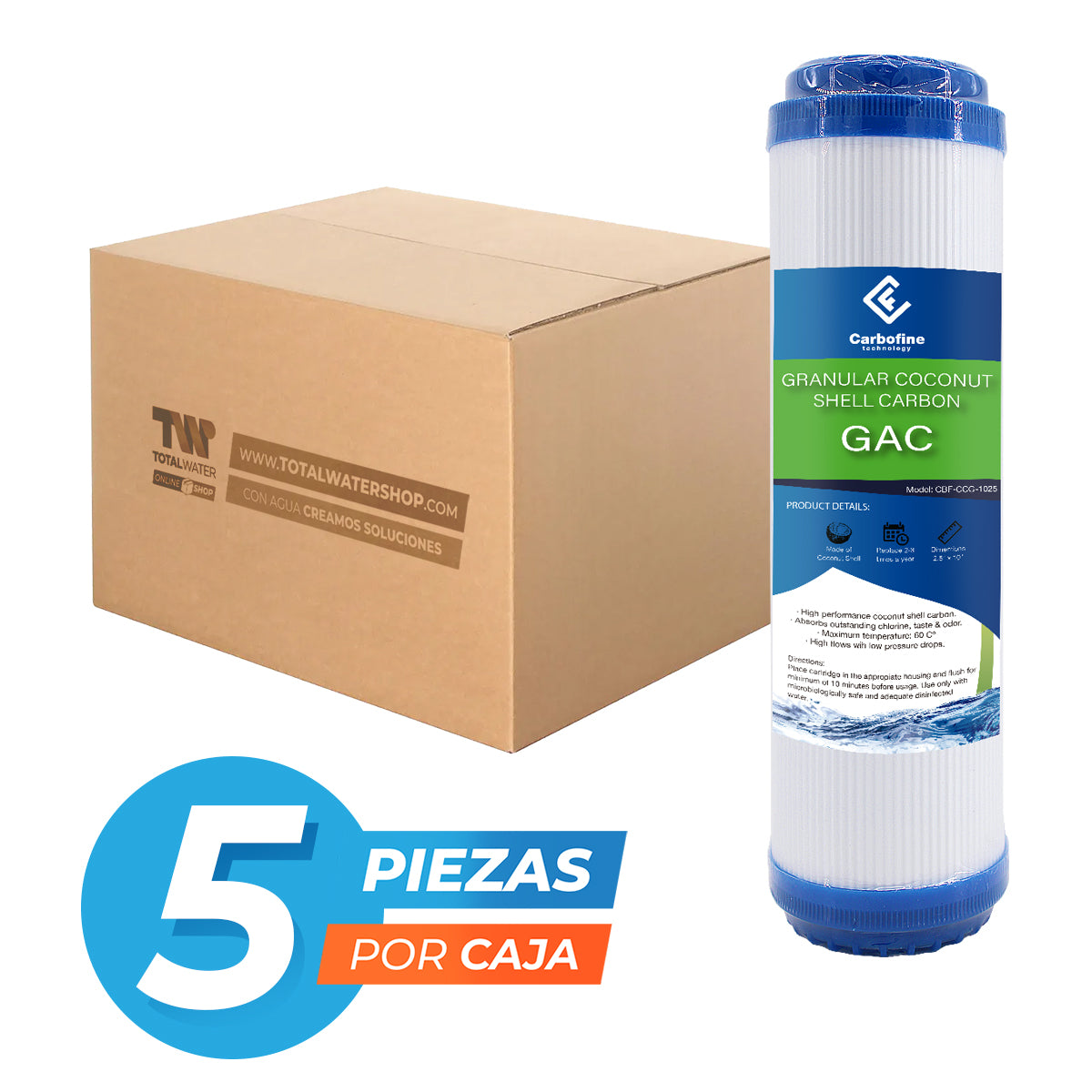 Paquete de Cartuchos GAC de Carbón Activado Granular - 10" x 2.5" - CARBOFINE