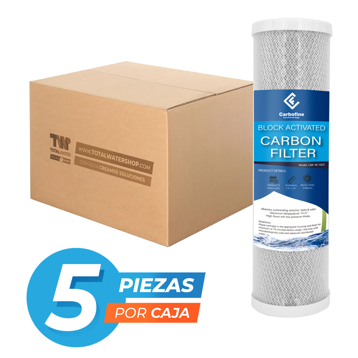 Paquete de Cartuchos de Carbón Activado Mineral - 10" x 2.5" - 10 Micras - Block - CARBOFINE