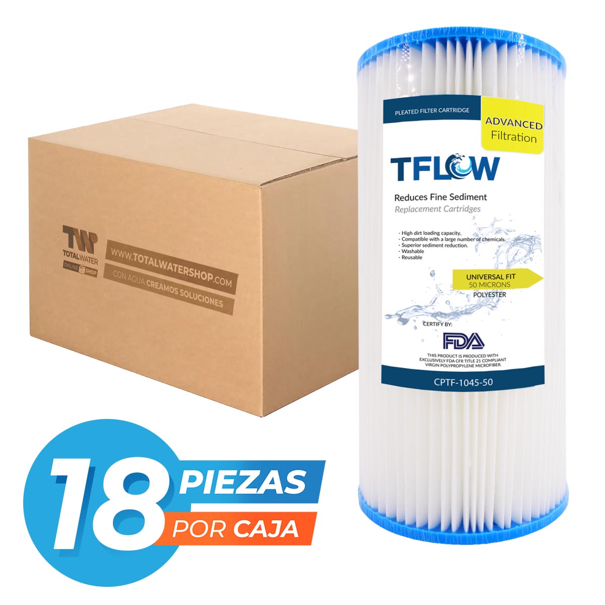 Paquete de Cartuchos Plisados para Sedimento - 10" X 4.5" - 50 Micras - TFLOW