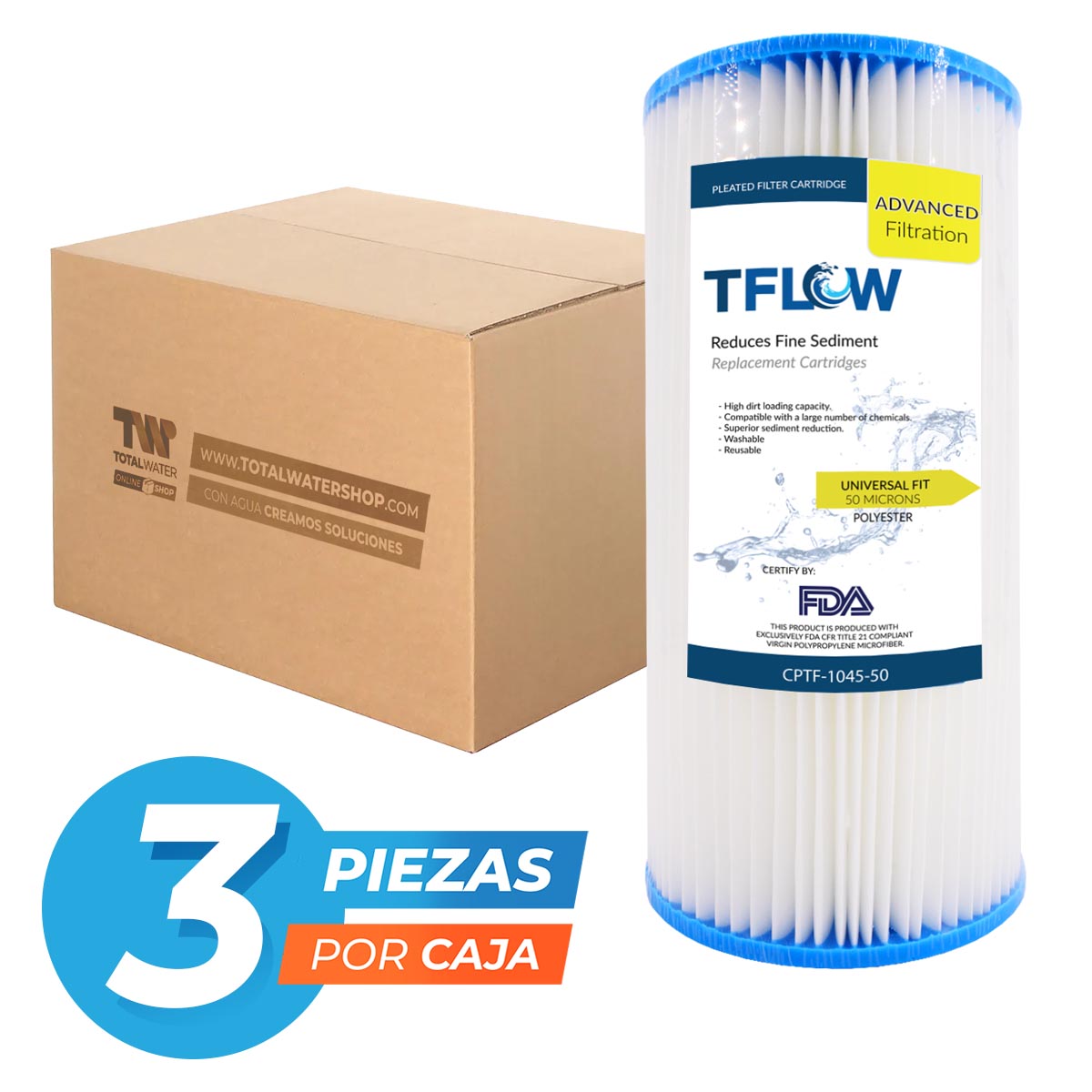 Paquete de Cartuchos Plisados para Sedimento - 10" X 4.5" - 50 Micras - TFLOW