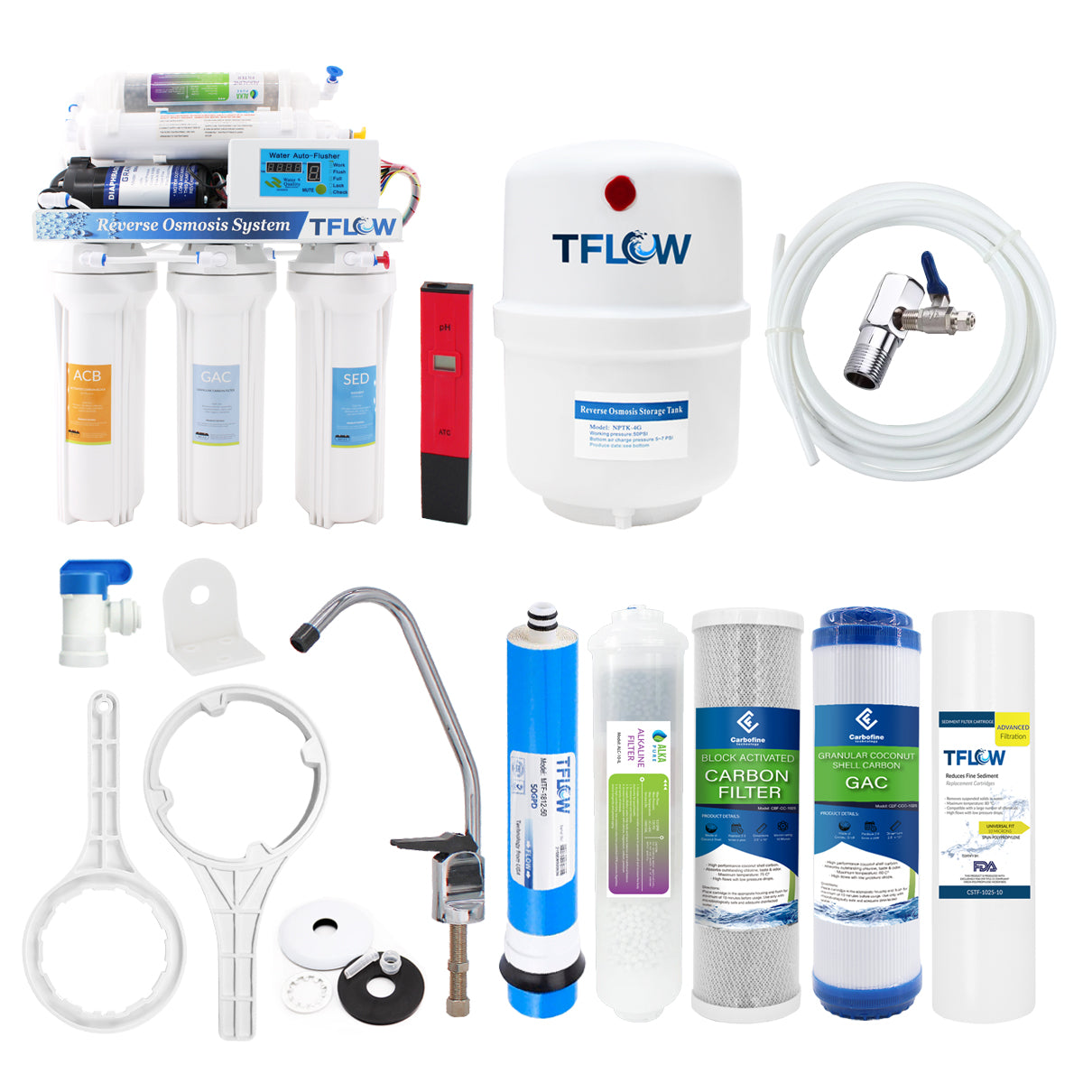 Sistema de Ósmosis Inversa de 6 Pasos - 100 GPD - Incluye Bomba, Tanque Hidroneumático, Alcalino, Monitor TDS y Probador PH - TFLOW