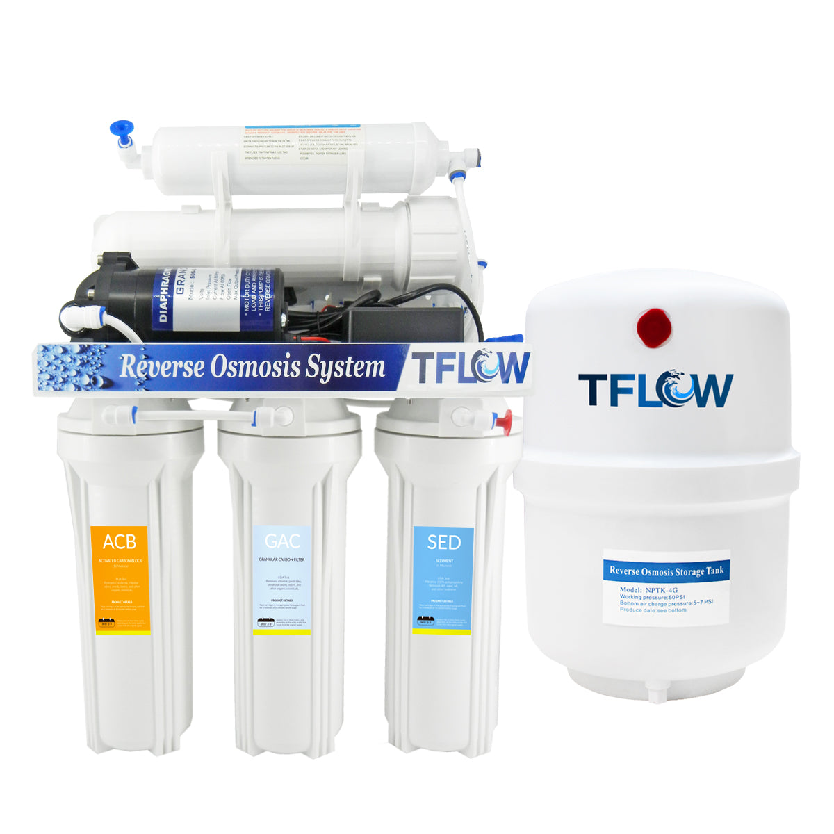 Sistema de Ósmosis Inversa de 5 Pasos - TFLOW - 50 GPD - Incluye Bomba y Tanque Hidroneumático