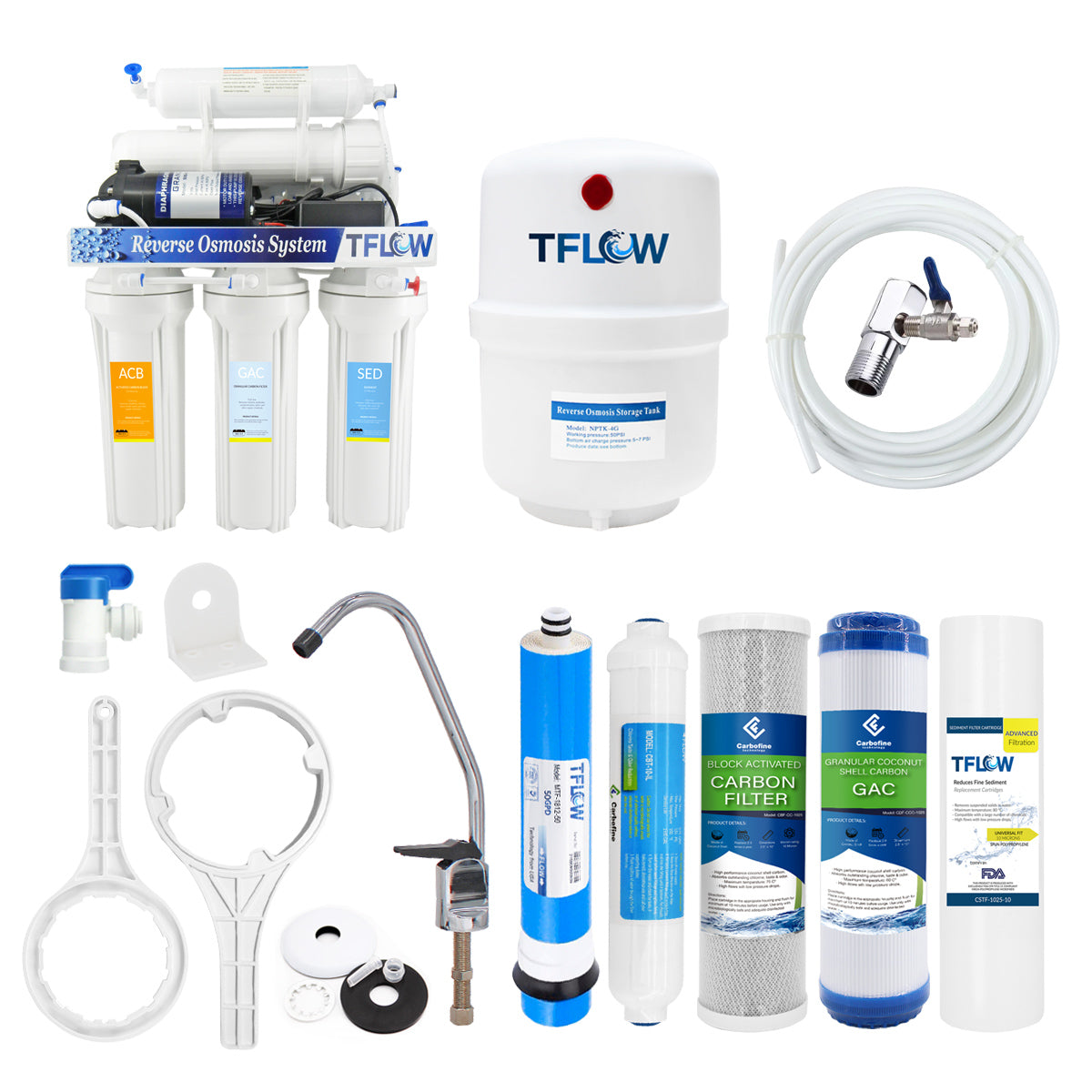 Sistema de Ósmosis Inversa de 5 Pasos - TFLOW - 50 GPD - Incluye Bomba y Tanque Hidroneumático